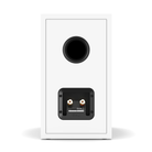 The rear view of a white bookshelf speaker with a black circular port and a black terminal block with two gold-plated screw terminals, shown on a white background.