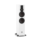 A white DALI SONIK 7 floorstanding speaker with black cones, a top-mounted tweeter, and small black feet, shown against a plain white background.