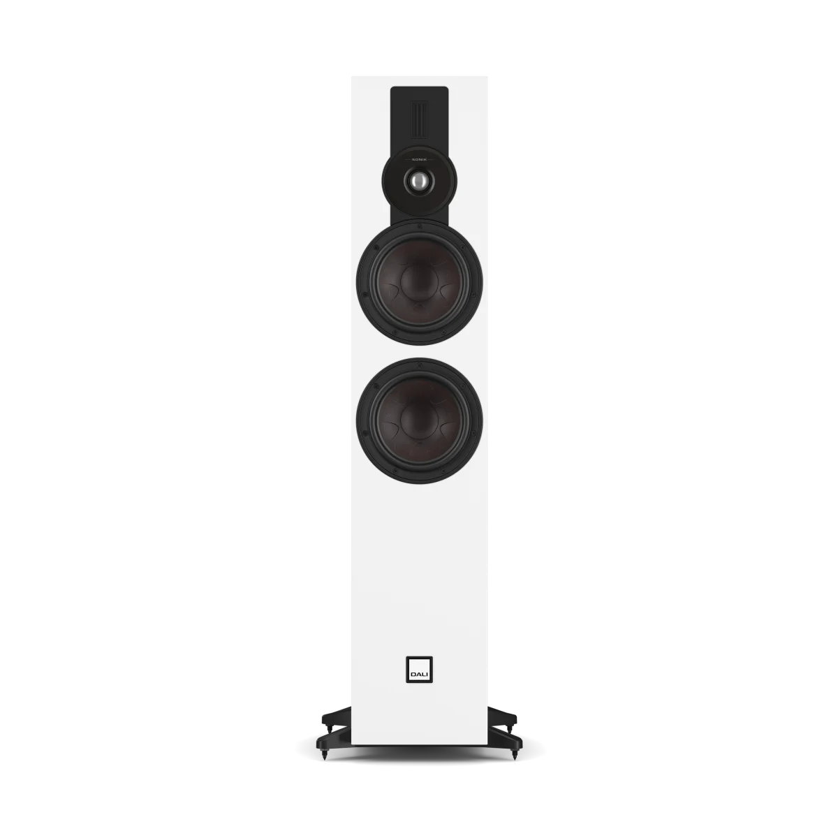 A tall, white Dali Sonik 7 floorstanding speaker with black drivers and a small logo badge near the bottom, shown against a plain white background.