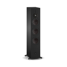 A tall, black ash Dali Sonik 9 floor-standing speaker with four visible driver cones and a small top grille, shown on a plain white studio background.