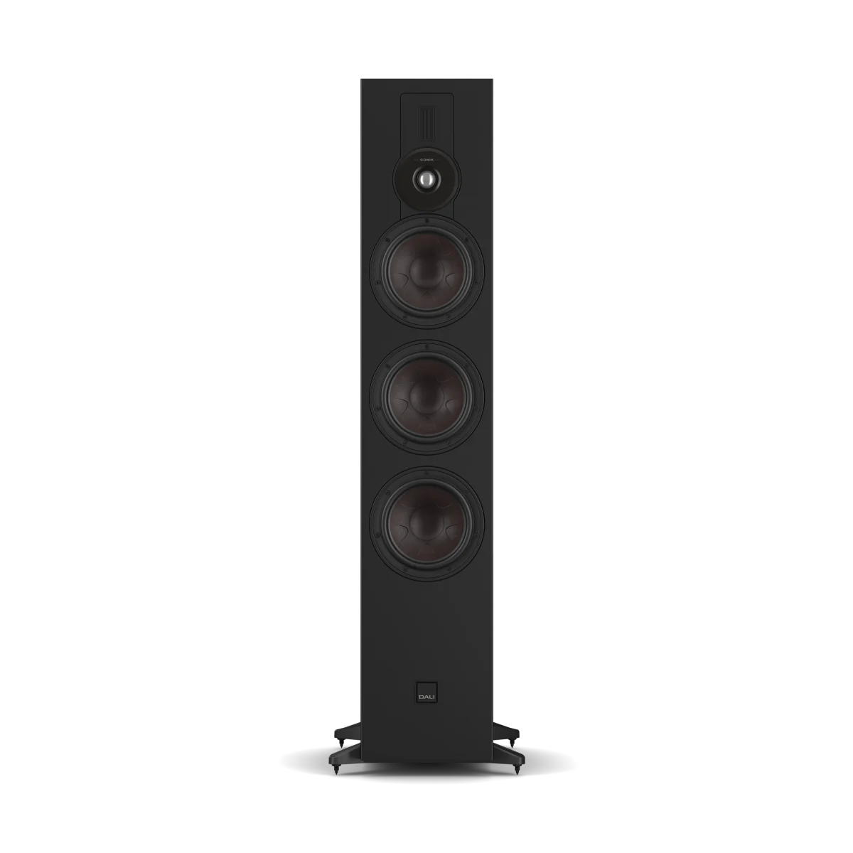 A tall, black ash Dali Sonik 9 floorstanding speaker with four visible driver cones and a small logo badge near the base, shown against a plain white background.