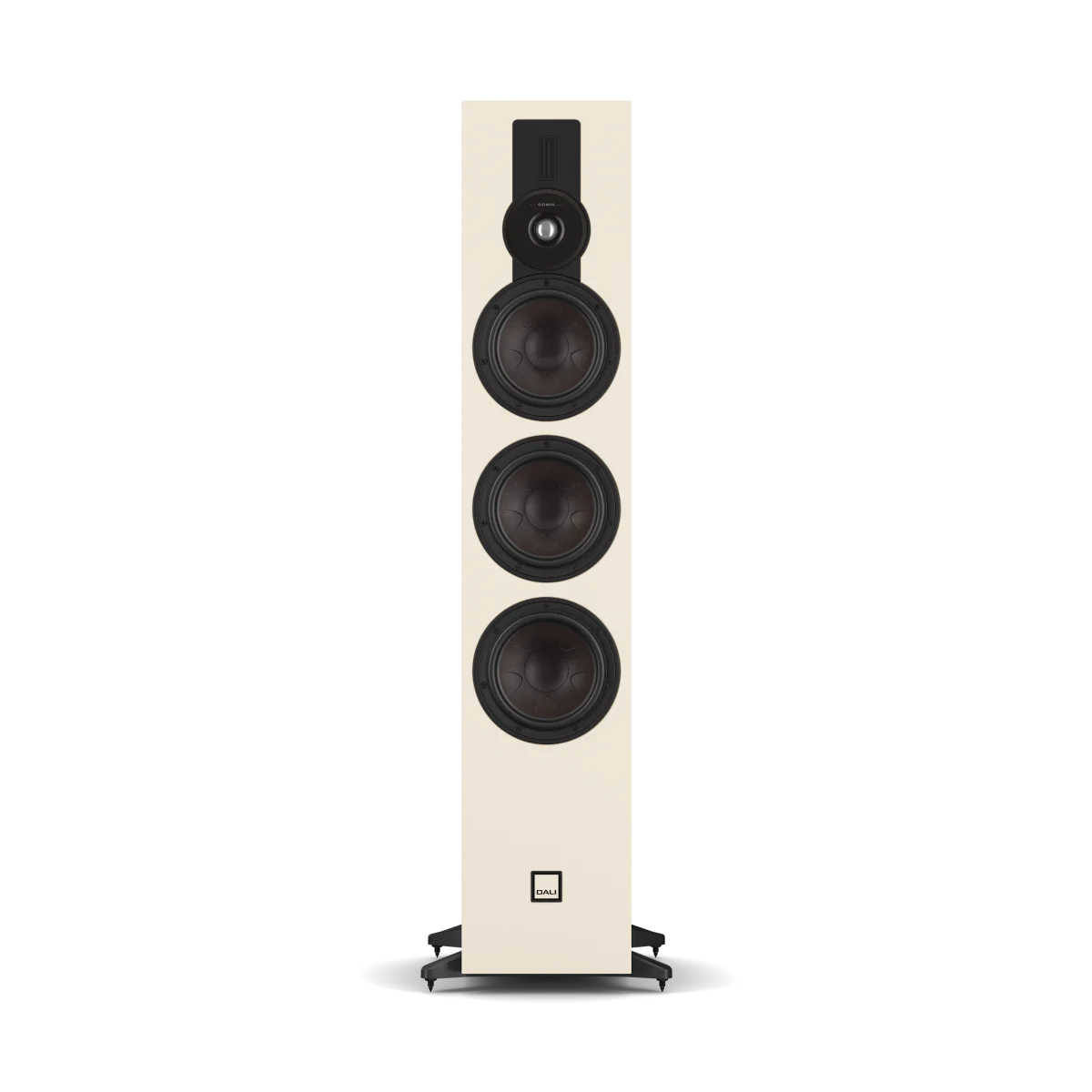 A tall, floor-standing speaker with a cream-colored cabinet and black drivers, shown against a plain white background.