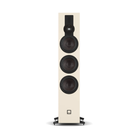 A tall, floor-standing speaker with a cream-colored cabinet and black drivers, shown against a plain white background.