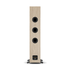 A single tall floorstanding speaker with a light oak wood grain finish and three black driver cones, shown from the rear on a white background.
