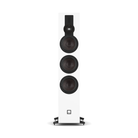 A white floorstanding speaker with three black drivers and a small logo badge near the base, shown against a plain white background.