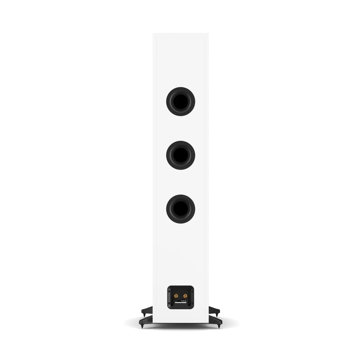A white Dali Sonik 9 floorstanding speaker with three black driver cones vertically aligned on a white background. 