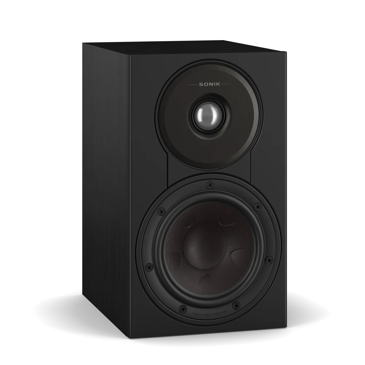 A black Sonik bookshelf speaker with a dual-driver design, featuring a small top tweeter and a larger bottom woofer, shown on a clean white background with a soft shadow.