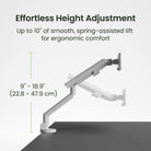 Ergonomic monitor arm with height adjustment feature on a gray background