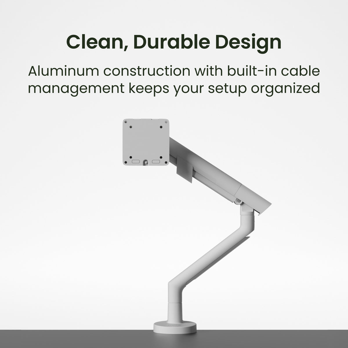 White Kanto DM1 Single Monitor Desktop Mount for 17” - 40” Displays with text about clean, durable design and cable management.