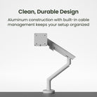 White Kanto DM1 Single Monitor Desktop Mount for 17” - 40” Displays with text about clean, durable design and cable management.