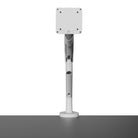 White adjustable Kanto DM1 Single Monitor Desktop Mount for 17” - 40” Displays on a gray surface with a white background