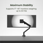 Monitor stand with text indicating support for 17"-40" monitors weighing up to 22.1 lbs on a light gray background.
