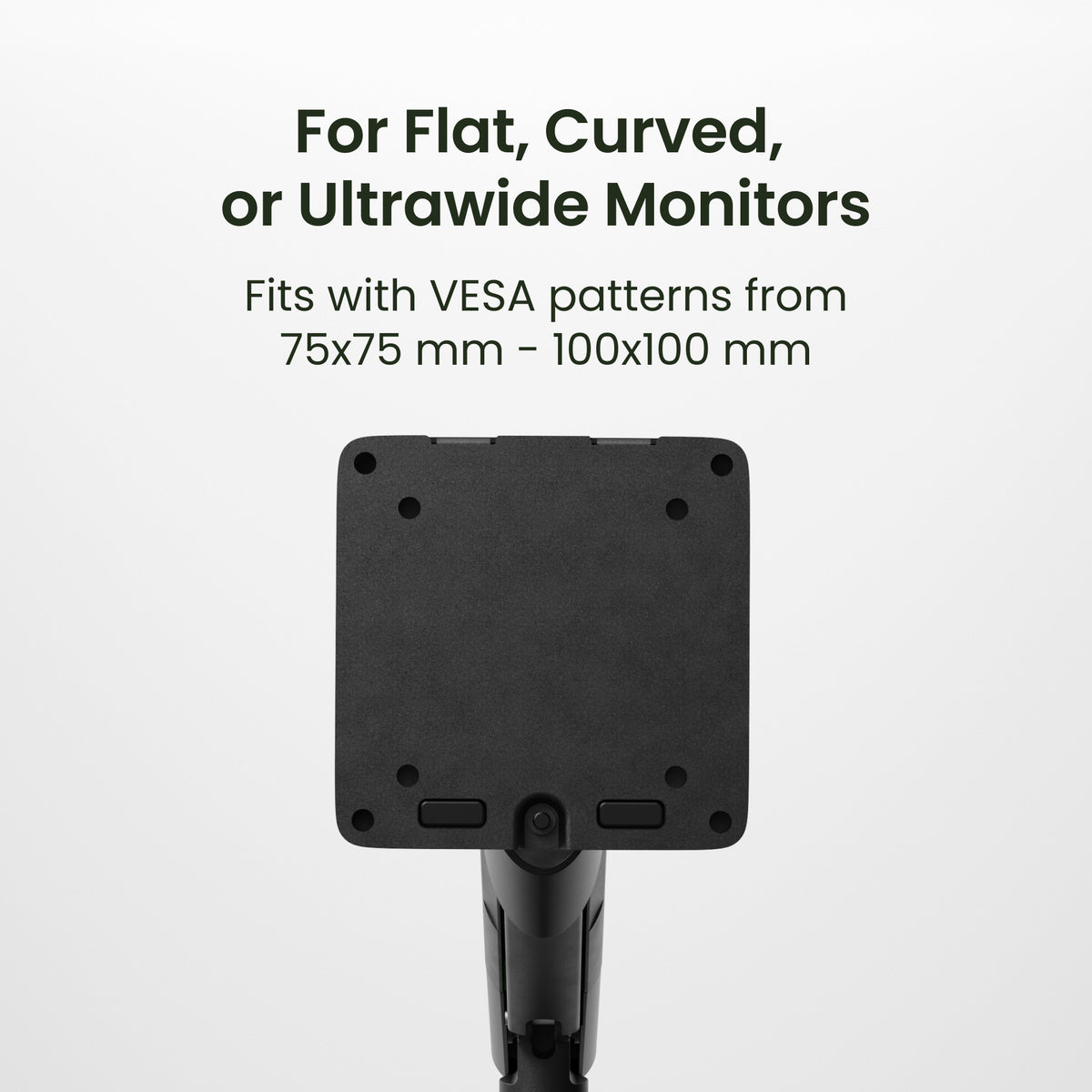 Black monitor stand base with text on a white background