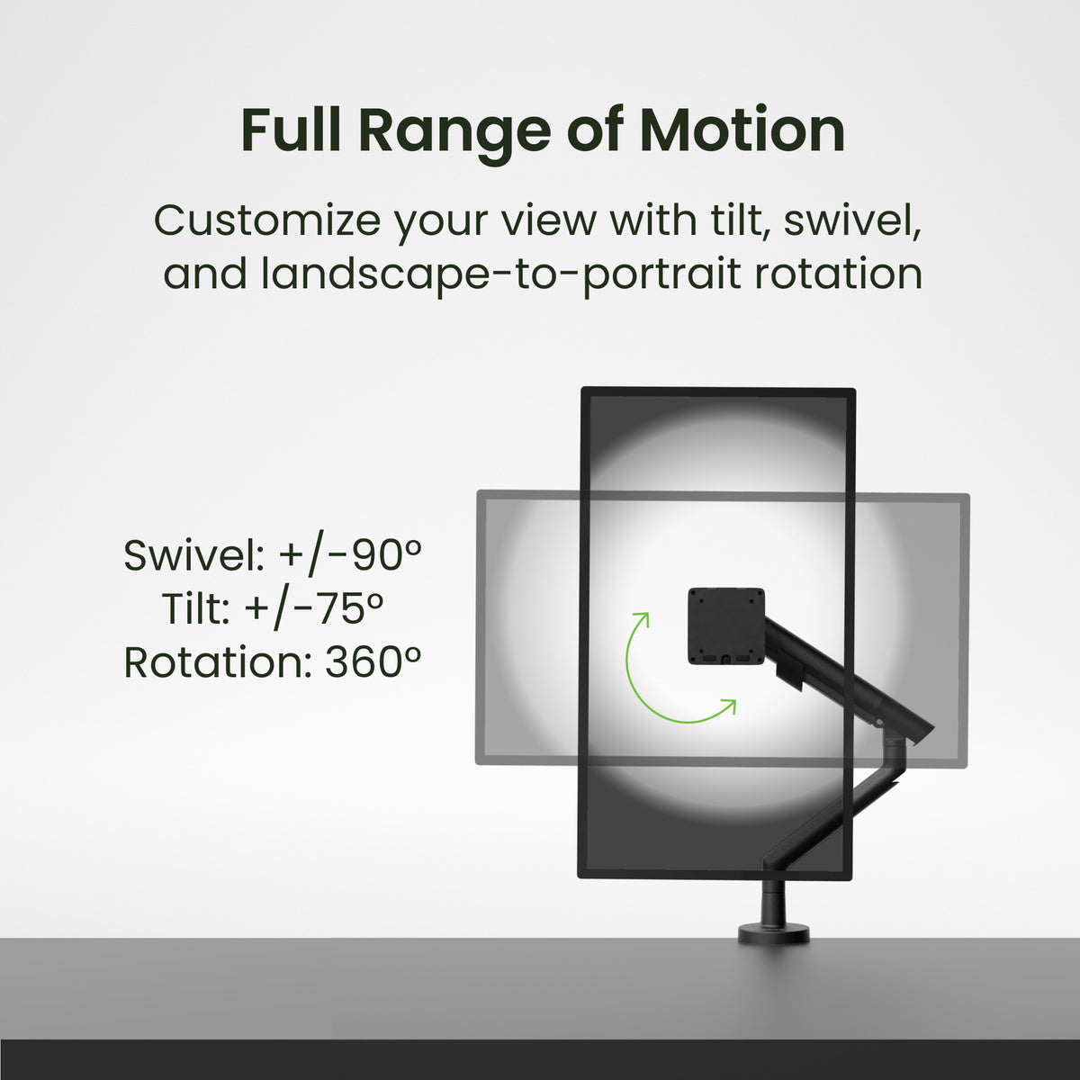 Monitor arm with swivel, tilt, and rotation features on a gray background