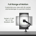 Monitor arm with swivel, tilt, and rotation features on a gray background