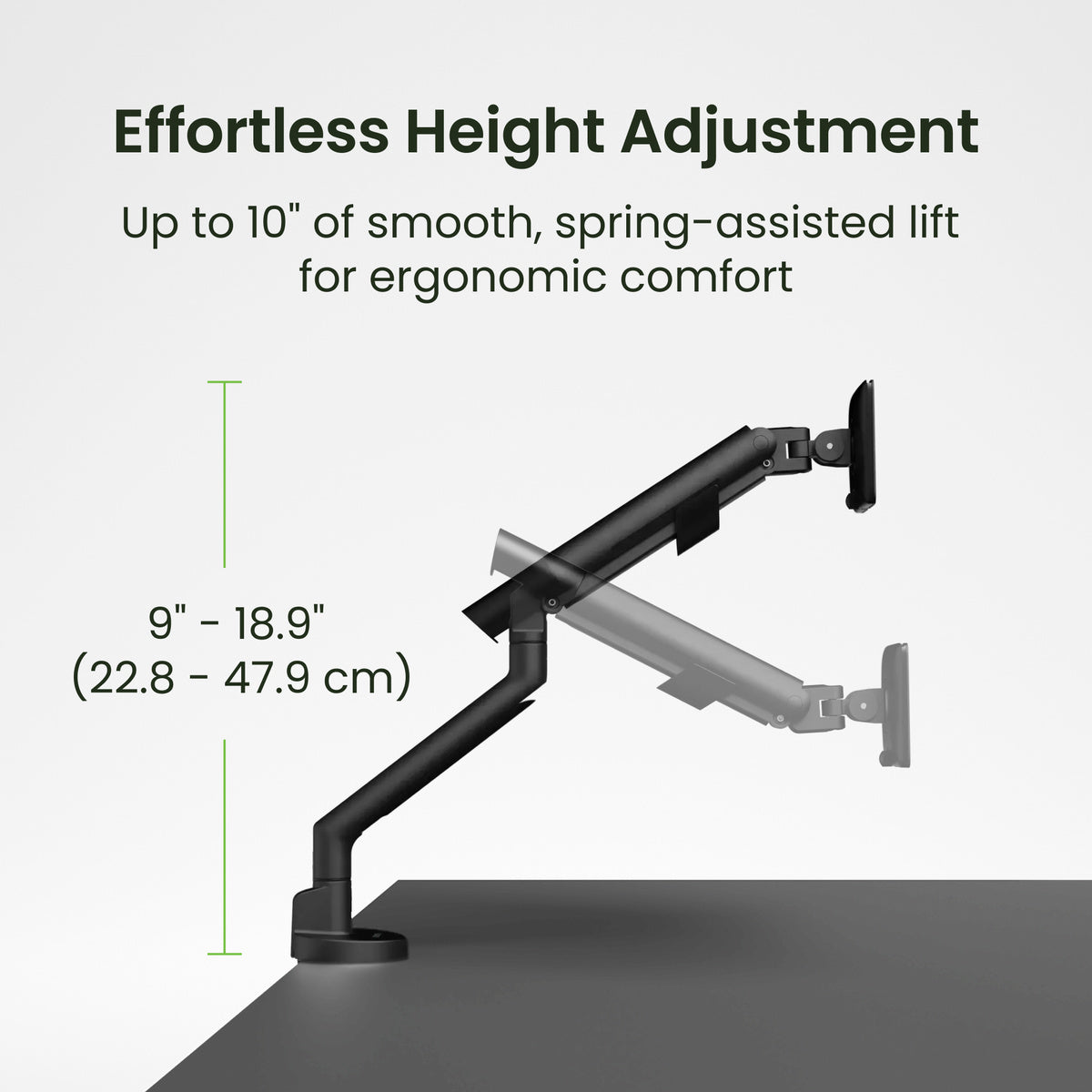 Black Kanto DM1 Single Monitor Desktop Mount for 17” - 40” Displays with text on effortless height adjustment on a white background