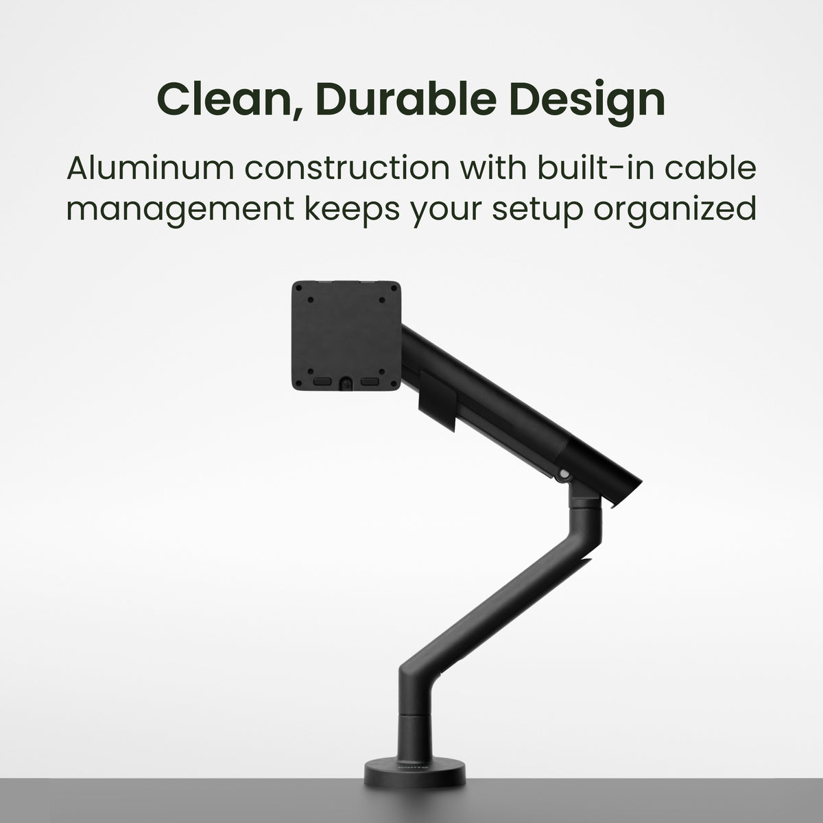 Black adjustable desk mount with text about clean, durable design and cable management on a white background