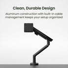 Black adjustable desk mount with text about clean, durable design and cable management on a white background