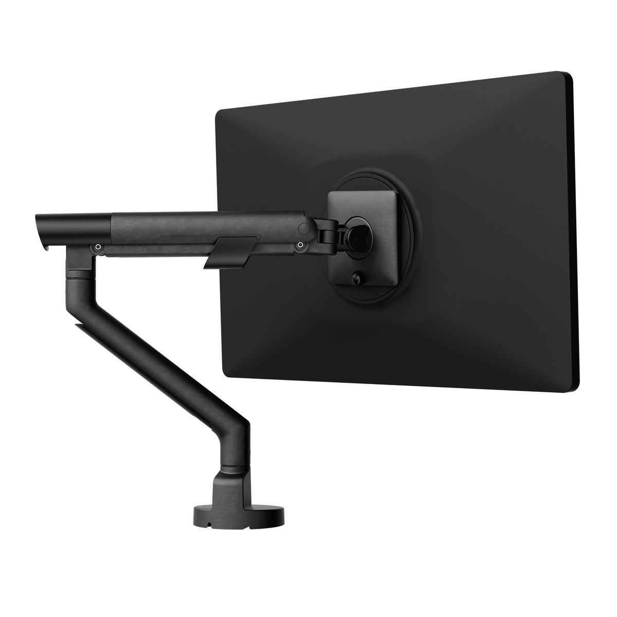 Black monitor on a adjustable arm against a white background