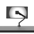 Black adjustable monitor stand with a screen on a white background