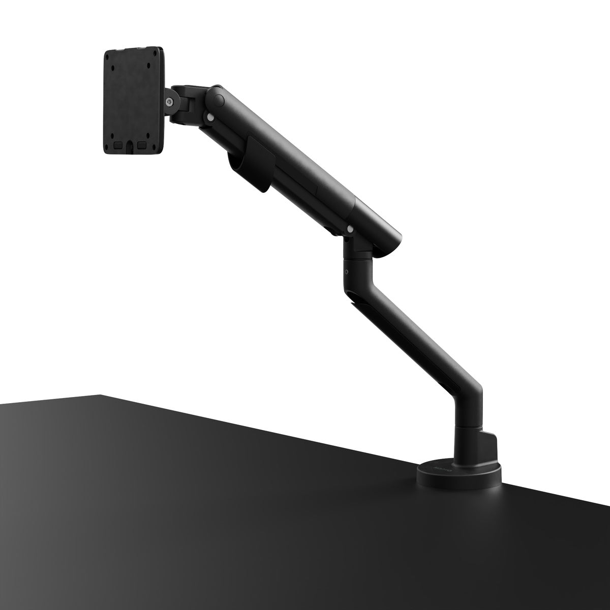 Black adjustable monitor stand on a white background