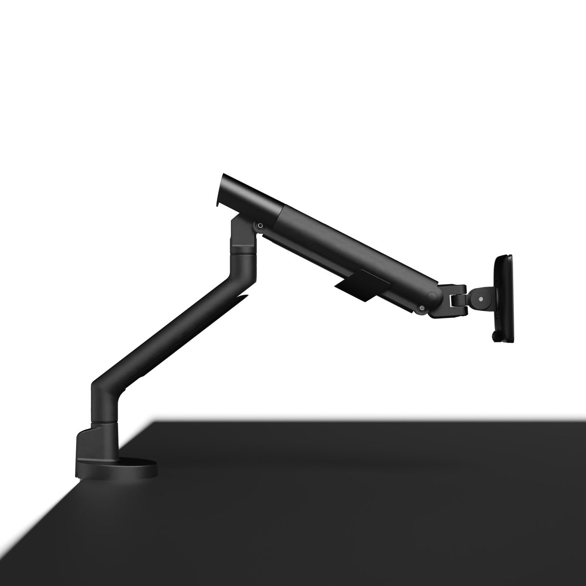 Black adjustable monitor arm on a white background