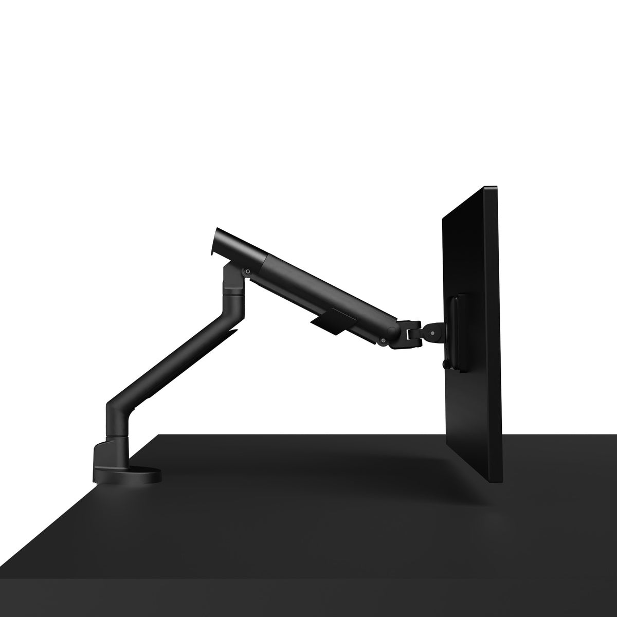 Black adjustable monitor stand on a white background