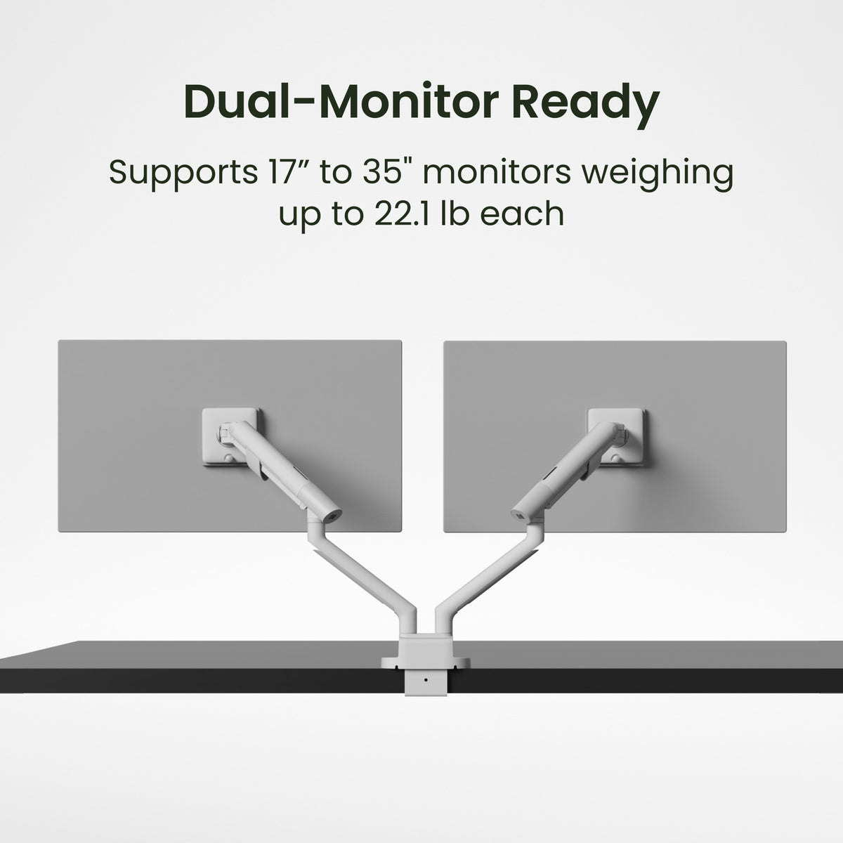 Monitor stand with dual arm design supporting two monitors on a white background