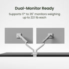 Monitor stand with dual arm design supporting two monitors on a white background