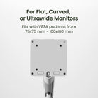 Monitor stand with text indicating compatibility for flat, curved, or ultrawide monitors with VESA patterns.