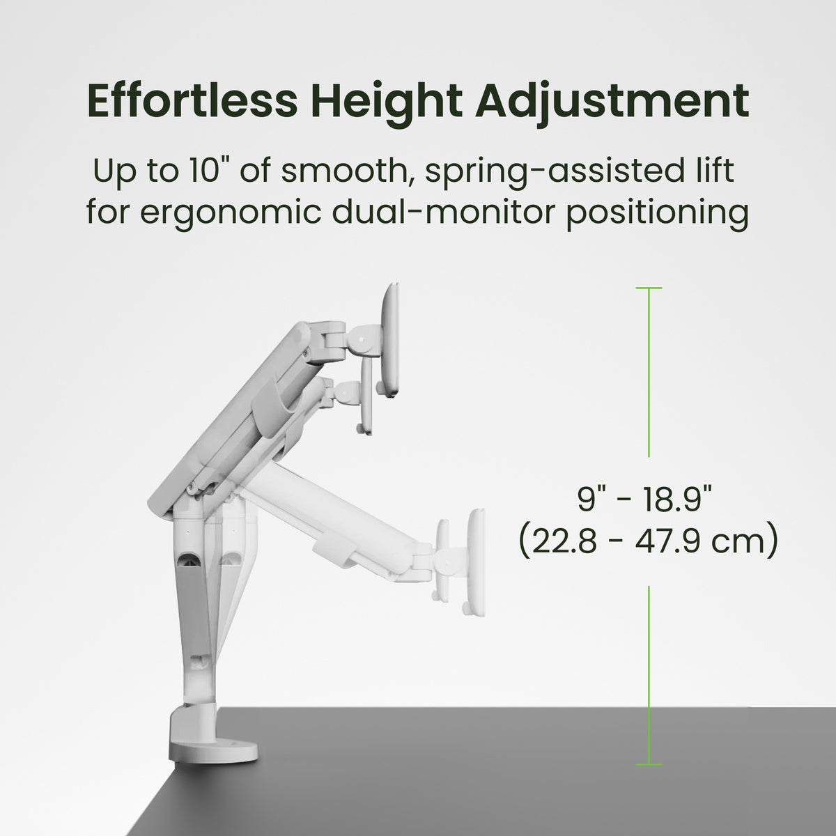 Monitor arm with height adjustment feature on a white background