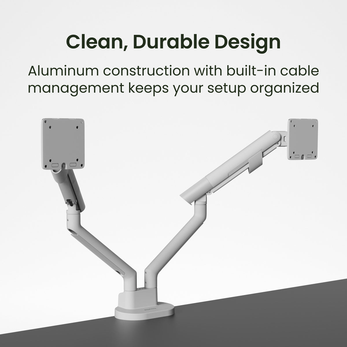 Two-monitor desk mount with built-in cable management on a gray background