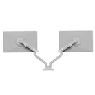 Black dual monitor stand with two screens on a white background