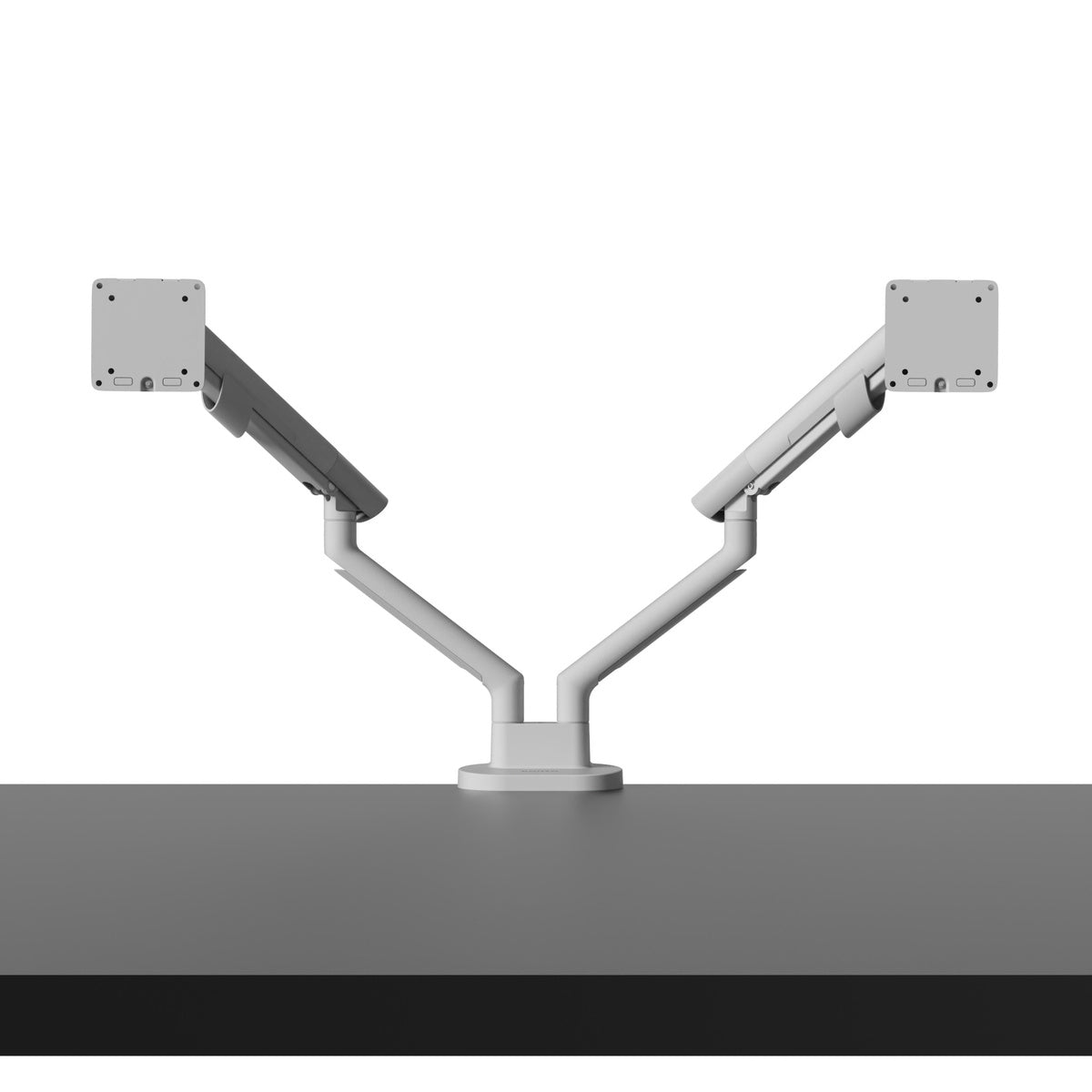 Two adjustable monitor stands on a white background