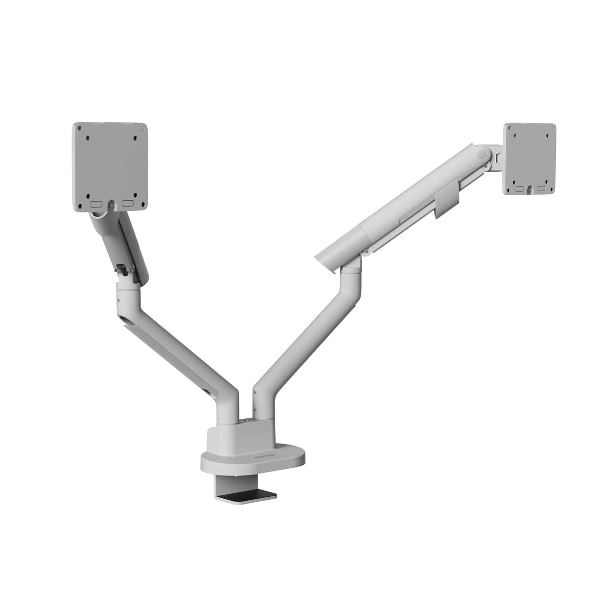 White dual monitor arm on a white background