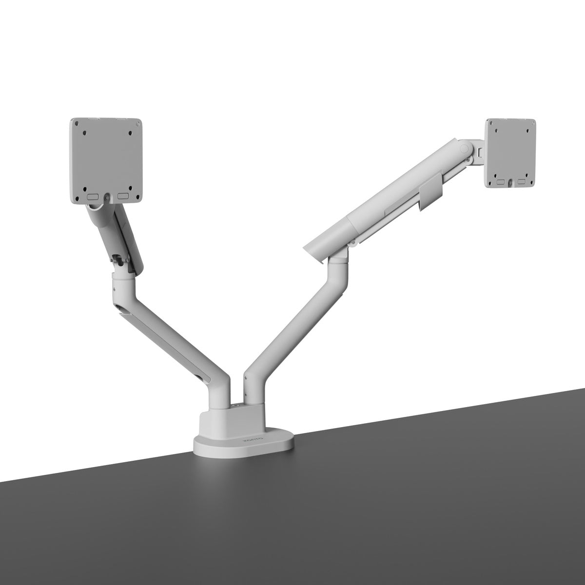 White dual monitor stand on a gray surface with a white background