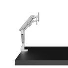 White adjustable monitor stand on a black platform with a white background