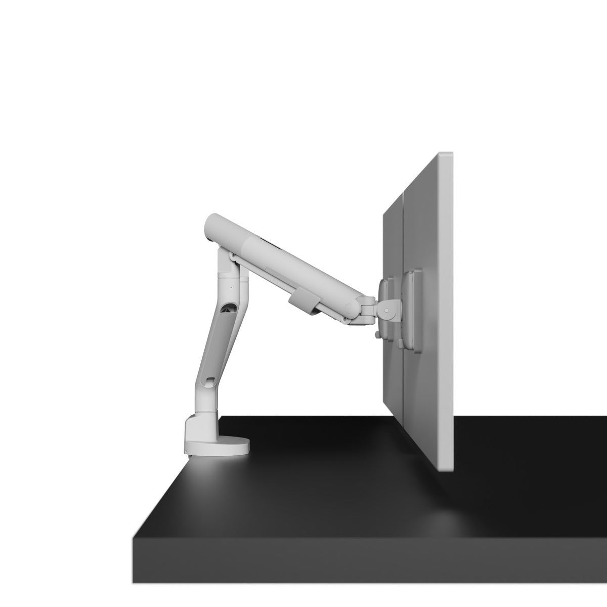 Monitor arm on a black platform with a white background