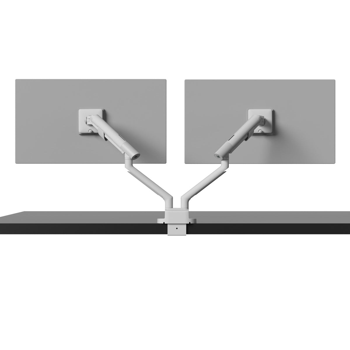 Two computer monitors on adjustable arms attached to a desk with a white background