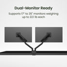 Dual-monitor stand with text indicating support for 17" to 35" monitors weighing up to 22.1 lb each.