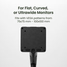 Monitor stand base with text about compatibility for flat, curved, or ultrawide monitors.