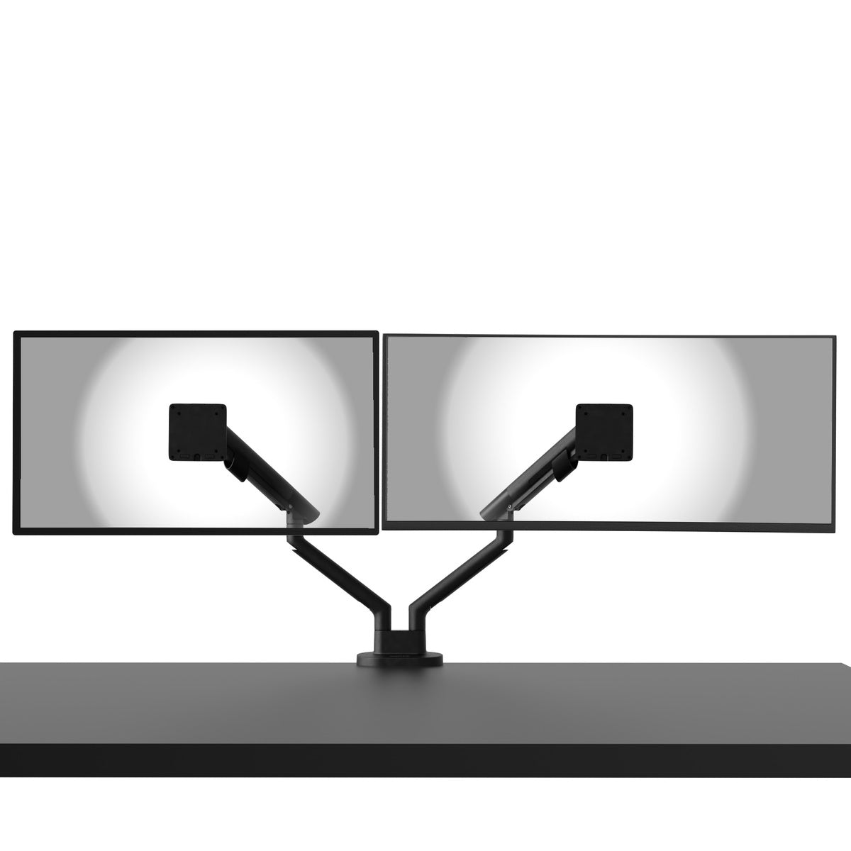 Dual monitor stand with two screens on a white background