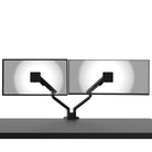 Dual monitor stand with two screens on a white background