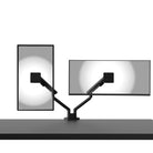 Two computer monitors on a desk with a black arm support on a white background