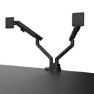 Black dual monitor stand on a white background