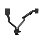 Black dual monitor arm on a white background