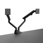 Black dual monitor stand on a white background