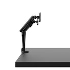 Black adjustable monitor stand on a white background