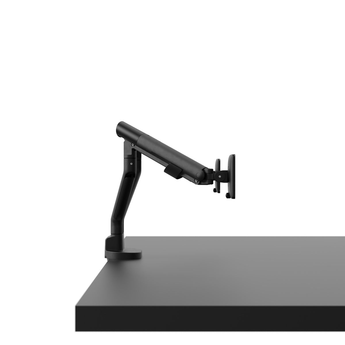 Black adjustable monitor arm on a white background