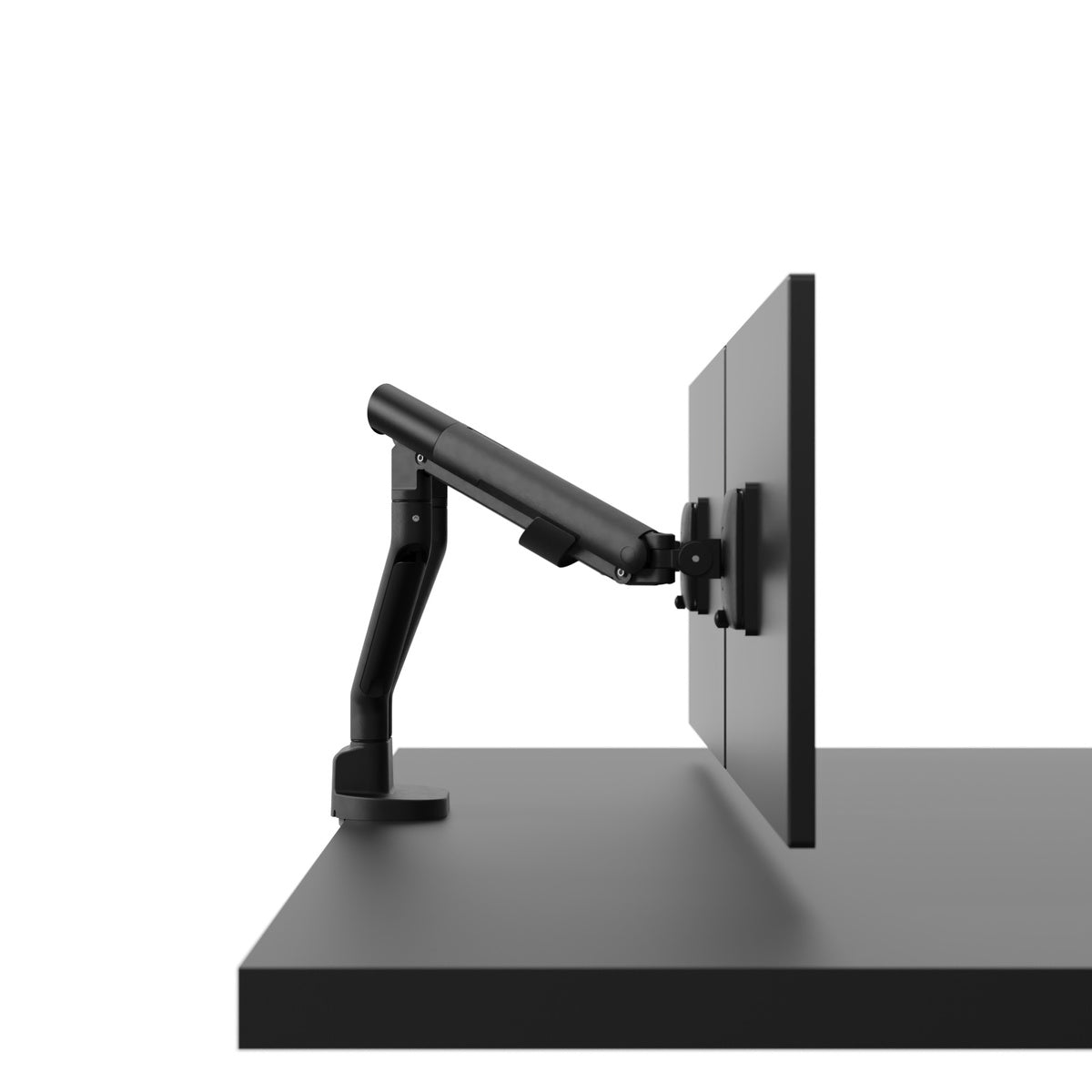 Black adjustable monitor stand on a white background